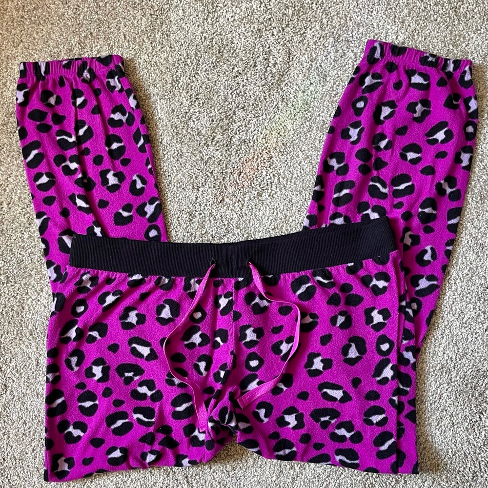 Pink Leopard Print Fleece Pajama Pants Drawstring Waist Size XL